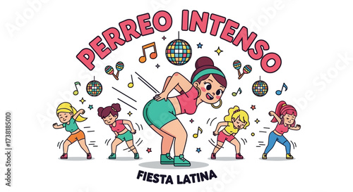 Dynamic cartoon illustration of women dancing intensely at a lively Latin party celebration