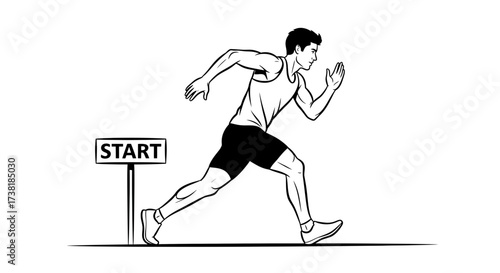 Dynamic monochrome illustration of a male athlete sprinting from the starting line with