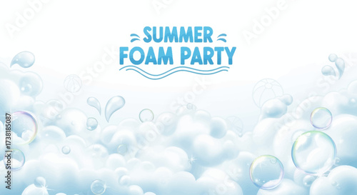 Festive summer celebration invitation with vibrant foam and bubbles background