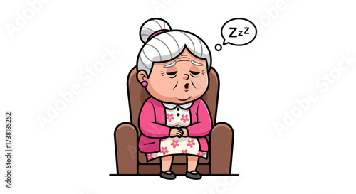 Illustration of a tired cartoon grandmother napping soundly in her armchair peacefully