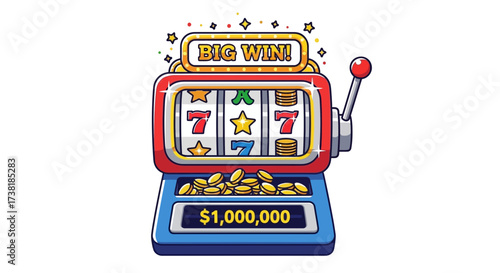 Illustrative slot machine with vibrant colors and celebratory big win jackpot