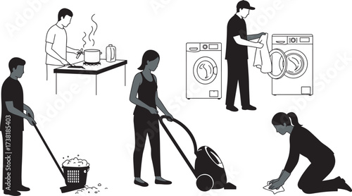 Silhouettes of people doing household chores like cooking, cleaning, vacuuming, laundry, sweeping, scrubbing, ideal for domestic, lifestyle, and vector design