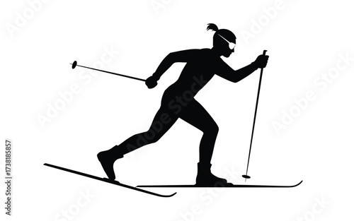 Silhouette of a cross-country skier in motion with ski poles and skis