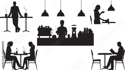 Silhouettes of people in coffee shop with barista, drinks, reading, and conversation, ideal for lifestyle, hospitality, and vector design themes