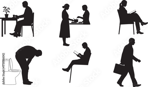 Silhouettes of people reading, working, walking, exchanging items, and dealing with illness, ideal for lifestyle, behavior, health, and vector design themes