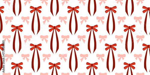 Elegant vector seamless pattern featuring dense columns of large red ribbons and scattered pastel pink bows on white, perfect for feminine apparel and Christmas wrapping paper.