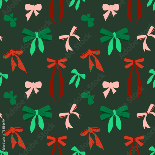 Dark Christmas vector seamless pattern featuring a scattered mix of festive bows and ribbons in red, green, and pink on a deep forest green background, perfect for holiday wrapping paper.