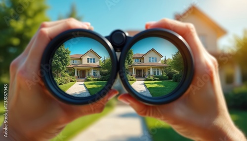 Hands hold binoculars, view beautiful modern house with green lawn, garden. Person searches for dream home, ideal property. Real estate buyer finds new building for perfect family living, future