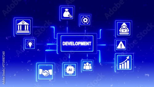 Wallpaper Mural Business Development Strategy Icons Flowchart Concept Glowing Blue Neon Animation on Black Torontodigital.ca