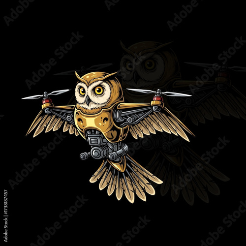Steampunk owl soaring with robotic wings and drone propellers, a cool fusion of nature and technology for a futuristic, whimsical concept design