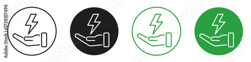 hand hold lightning line icon set