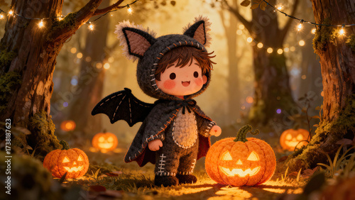 Cute plush child dressed as bat with hood featuring cat ears, bat wings, and Halloween themed background with glowing pumpkins and string lights in forest setting