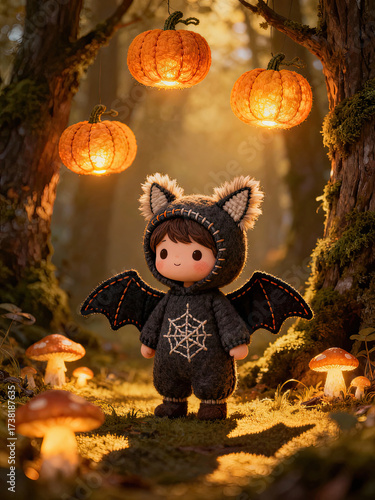 Cute plush doll dressed as bat with Halloween theme, surrounded by glowing lanterns and mushrooms forest setting, creating magical and whimsical atmosphere, perfect for autumn or Halloween decor