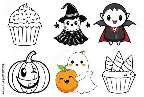 A colorful cartoon set of Halloween icons illustration with candy and cupcake design for holiday decoration