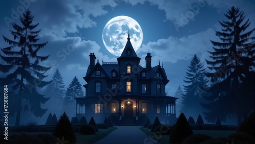 Haunted house silhouette trees against full moon, surrounded by dark clouds. Concept of eerie Halloween atmosphere with gothic architecture and glowing lights.