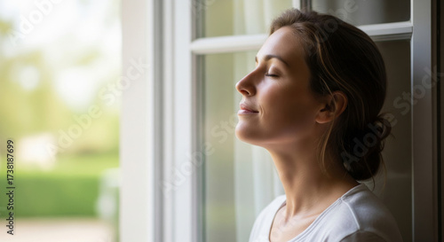 Woman enjoying moment of mindfulness and relaxation by window, with natural light illuminating her face. serene outdoor greenery adds to peaceful and active lifestyle ambiance Free Download Woman enjoying moment of mindfulness and relaxation by window, with natural light illuminating her face. serene outdoor greenery adds to peaceful and active lifestyle ambiance - GFXLoad