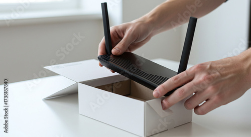 Close-up of hands unpacking a modern Wi-Fi router from a cardboard box, ready for installation.Concept of internet connection, wireless networking, and modern communication technology.