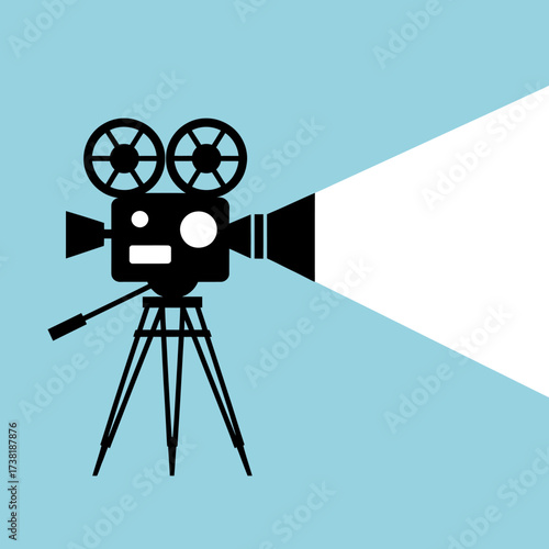 Vector art of vintage movie camera with light beam on blue background for filmmaking