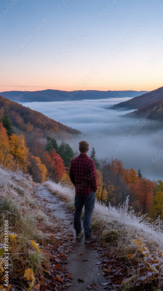 Obraz premium Autumn Mountain Sunrise Landscape with Man Standing on Frosty Trail Above Misty Valley, Scenic Nature Adventure, Fall Colors