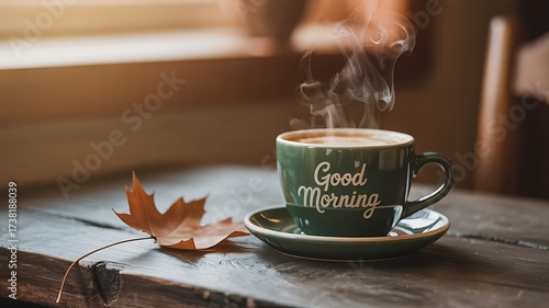Fototapeta Naklejka Na Ścianę i Meble -  Cozy Autumn Morning Coffee Aromatic Steam and Golden Leaf Enhance a Warm Rustic Still Life Scene Featuring a Green Good Morning Mug on a Wooden Table