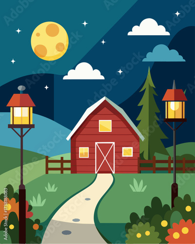 A quaint rural farmyard accented by simple but elegant solar garden lights creating a peaceful and charming atmosphere.. Vector illustration