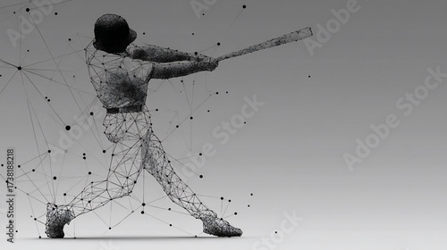 Digital baseball player in mid-swing, with a network of lines connecting body