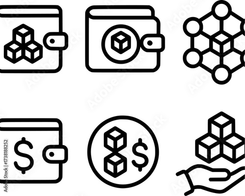 Blockchain wallet and DeFi vector icons set in black and white line style