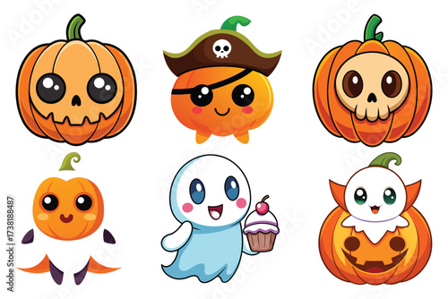 Funny cartoon fruit and vegetable set with happy faces and a halloween pumpkin illustration