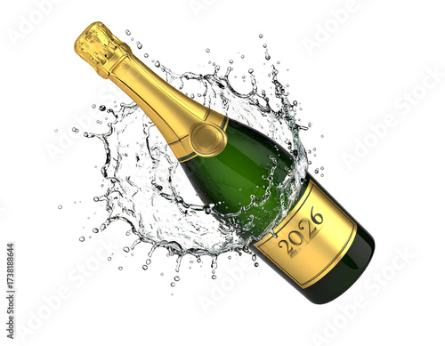 3D glossy champagne bottle popping with sparkling bubbles, “2026” golden label 