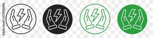 hand hold lightning line icon set