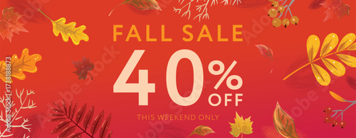 Autumn Sale web banner, poster or flyer design with bright beautiful leaves frame and text fall for it 40 percent off. Template for advertising, web, social and fashion ads. Vector illustration