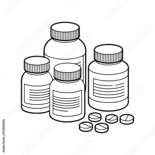 Collection of medicine bottles and pills for health and pharmacy concepts isolated on white background
