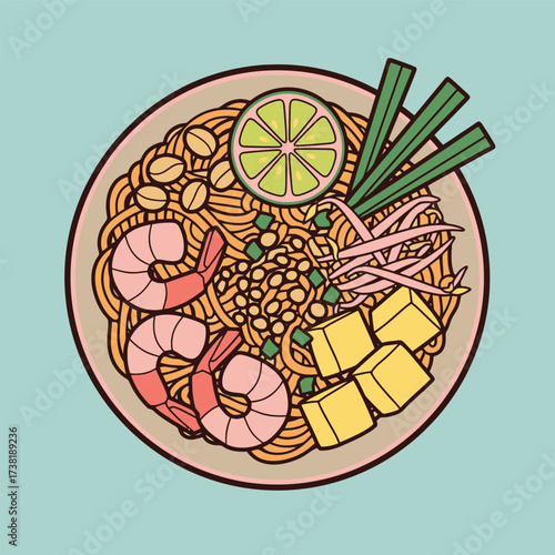 Pad Thai with Shrimp Vector Illustration