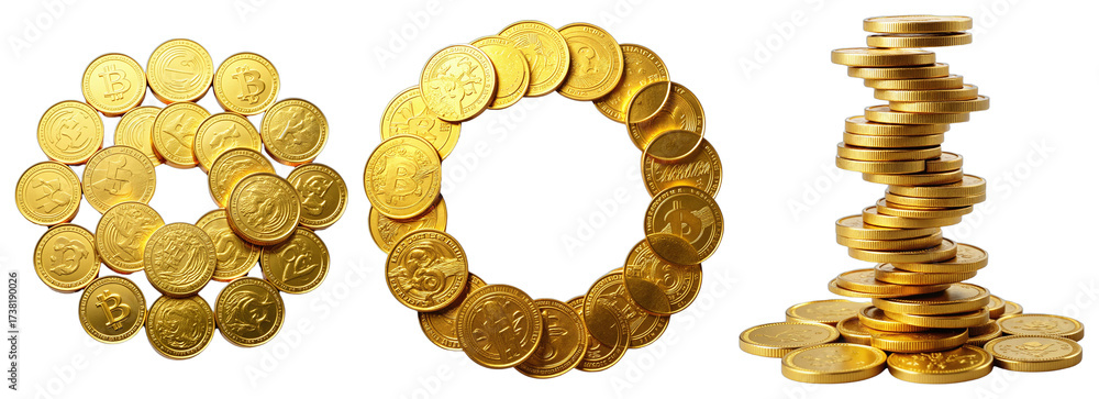 Obraz premium Golden Coin Arrangement – Financial Symbols and Banking Concepts for Investment Presentations
