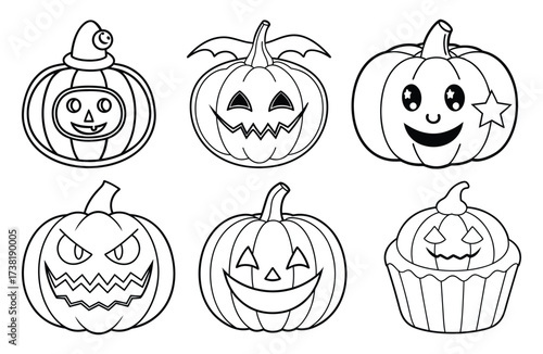 A cartoon vector illustration set of scary Halloween pumpkin faces, ripe orange fruit symbols for October holiday celebration on a white backround 
