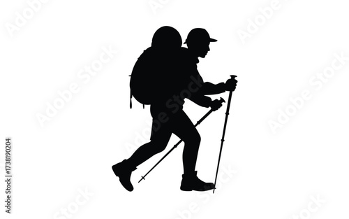Silhouette of a hiker with a backpack and trekking poles in motion