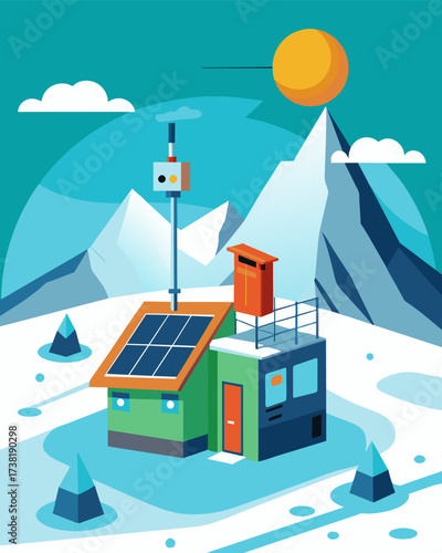 A solarpowered data collecting station set up in a remote research station on a frigid icy continent sending crucial information on climate patterns back to scientists.. Vector illustration