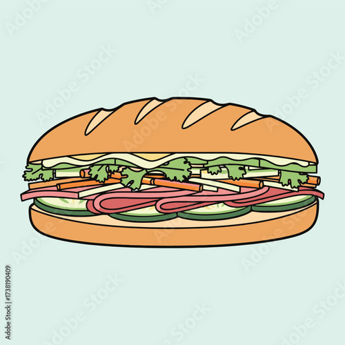 Banh Mi Sandwich Illustration with Ham and Vegetables