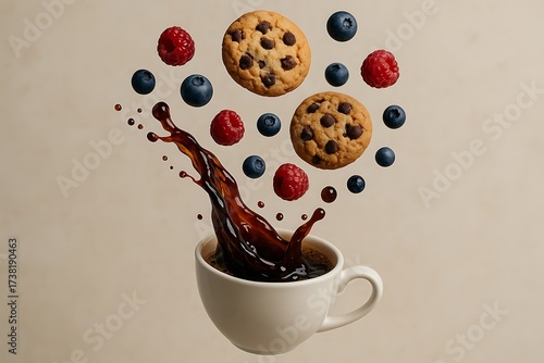 Cookies and berries falling into a cup of coffee with splash effect, close-up