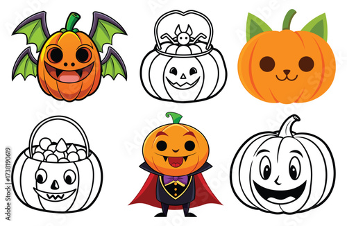 A cartoon vector illustration set of scary Halloween pumpkin faces, ripe orange fruit symbols for October holiday celebration on a white backround 