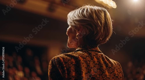 Smiling woman giving a speech on stage