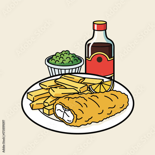 Traditional Fish and Chips Illustration with Mushy Peas and Vinegar