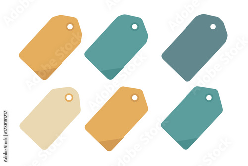 Collection of blank price tags and labels in various colors for shopping and sale concepts