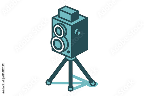 Classic film camera on a tripod for cinematic production in isometric style