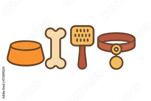 Collection of essential pet care items including bowl, bone, brush, and collar