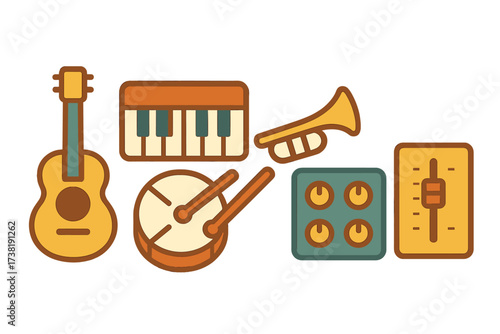 Assortment of music instruments and sound mixing devices for creative projects