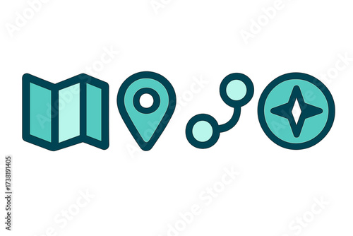 Essential navigation and location elements including map, pin, route, and compass