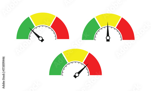Vector illustration of speedometer style gauges with green, yellow, and red zones showing different performance levels. Useful for risk, progress, quality, efficiency, and evaluation concepts.