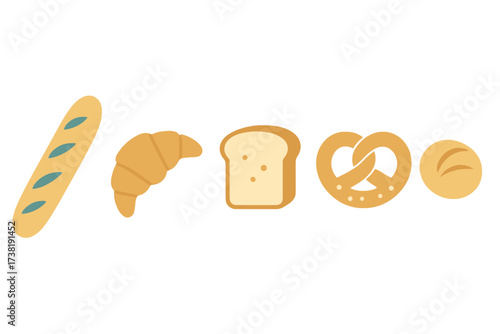 Assortment of freshly baked bread products including baguette, croissant, sliced bread, pretzel, and bun