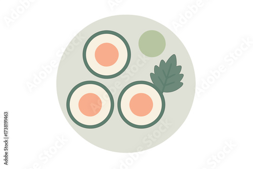 Delicious sushi rolls with fresh wasabi and green garnish on a round plate